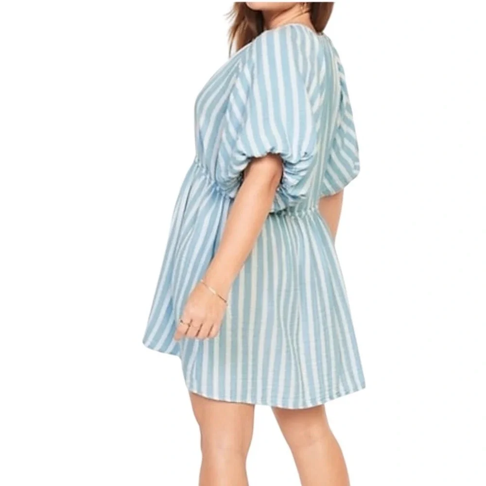 Old Navy Powder Blue Striped Gauze Cotton Puff Sleeve Button Front Dress Large - Picture 6 of 9